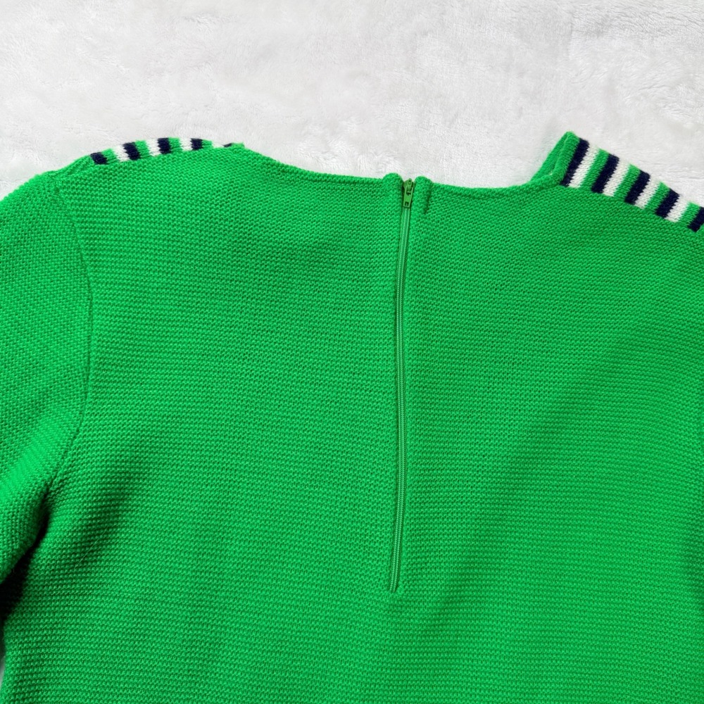 Vintage 70s Retro Green Striped V-Neck Knit Sweater Varsity Preppy Zip Back Top - Picture 5 of 8